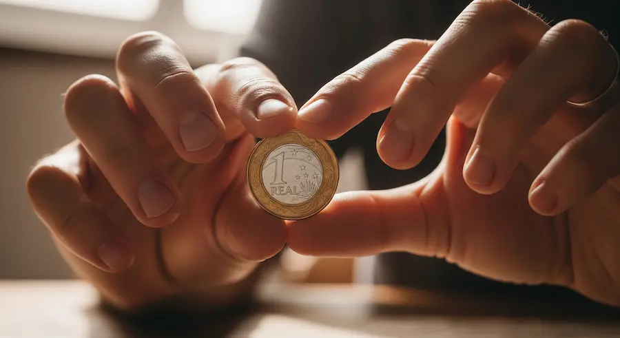 Mãos segurando uma nota de real ou moeda para um truque simples
